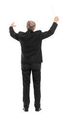 Professional conductor with baton on white background, back view © New Africa