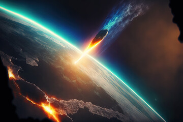 Comet, asteroid, meteorite flying to the planet Earth. Glowing asteroid and tail of a falling comet threatening the safety of the Earth. Elements of this image furnished by NASA. Generative AI - obrazy, fototapety, plakaty