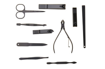  manicure set. Manicure accessories black color set isolated on white background.Manicure and pedicure equipment
