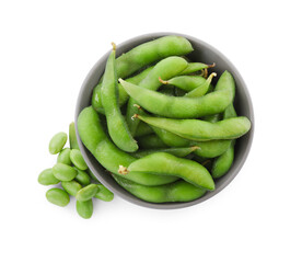 Bowl with green edamame pods and beans on white background, top view