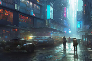 Cyberpunk City Street with Vehicles and Pedestrians 
 Generative AI Illustration