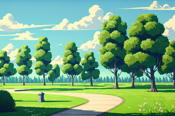 Beautiful public park scene featuring a green grassy field, green trees, and a cloudy blue sky. Generative AI