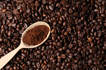 Fototapeta na wymiar Spoon with ground coffee on roasted beans, top view. Space for text