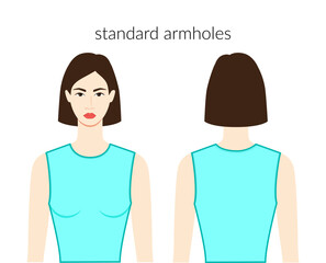 Standard armholes sleeves clothes - dresses, top, shirt technical fashion illustration with fitted body. Flat apparel template front, back sides. Women, men unisex CAD mockup