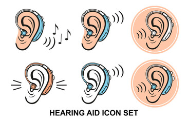 Ear hearing aid for deaf, hear impaired, medical auditory device, improve human sound sensory perception icon set. Deafness problem. Electronic equipment for listen noise, music. Health care. Vector