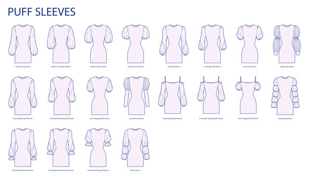 Set of Puff sleeves clothes dropped, baloon, virago, Marie, paned, drawstring technical fashion illustration with fitted body. Flat apparel template front side. Women, men unisex CAD mockup