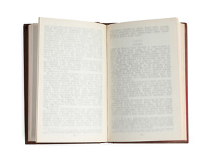 Old open hardcover book isolated on white, top view