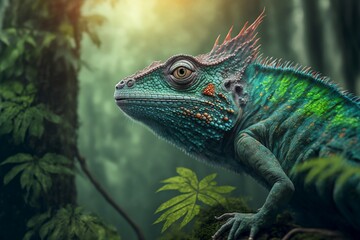 Fototapeta premium photorealistic Portrait colored chameleon, forest in the background Cinematic landscape Generative ai 