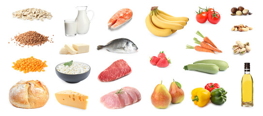 Healthy diet. Set with many different products on white background