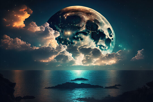 Moon in the clouds and a calm sea in the foreground make up the night sky. This image's components were provided by NASA. Generative AI