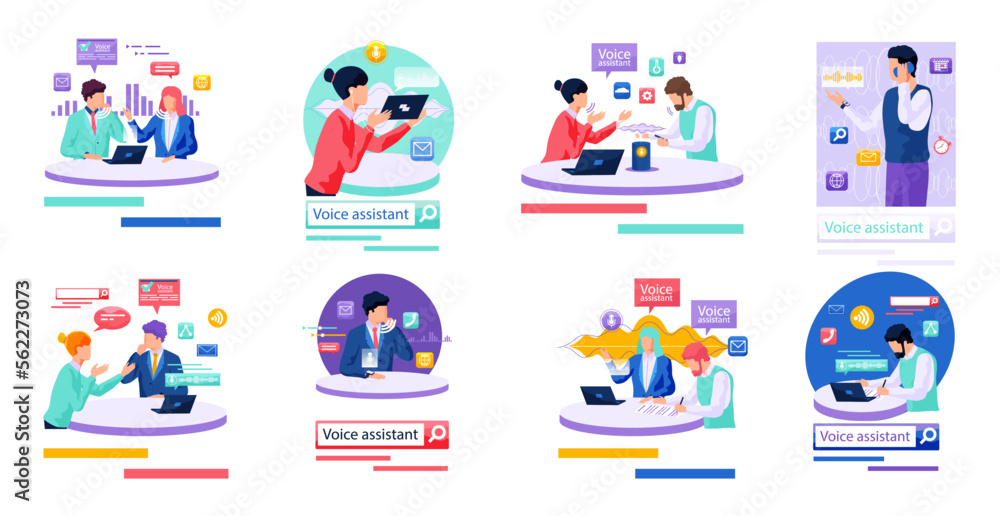 Poster voice assistant. smart speaker virtual assistant, sound robot, people using voice controlled smart s