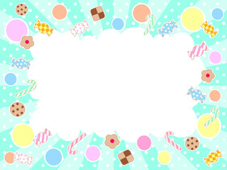 サンバーストとドットに丸とお菓子をちりばめたカラフルな背景にもこもこの吹き出し―フレーム

