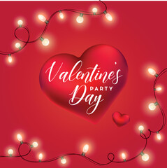 Valentines day party square banner. Realistic hearts and garland. Red background