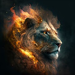 "Stateful lion amid glowing scene with mane engulfed in golden flames. Dancing fire creates mesmerizing effect, enhancing the lion's beauty and majesty. Image conveys strength, courage. Generative  ai