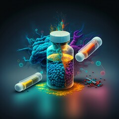  vitamin pills and a medication to boost health. brain, tubes, and vitamin complex, pills and drugs, Generative AI