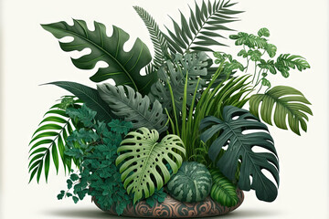 Tropical foliage plant bush (Monstera, palm leaves, and Bird's nest fern) floral arrangement indoors garden nature backdrop isolated on white with clipping path. Generative AI