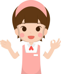 Female clerk made an OK gesture