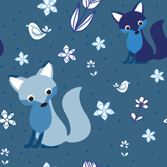 Vector seamless pattern with foxes in shades of blue.