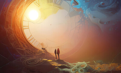 Surreal Illustration of a Large Damaged Time Piece, Colorful Swirls Generative AI illustration