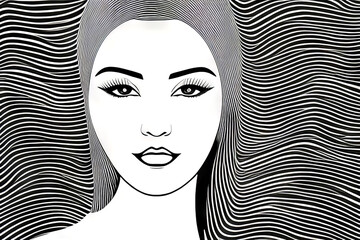 Black and White Line Art Illustration of a Womans Face and Hair Generative AI illustration