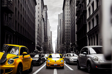 Traffic with typical yellow cabs in a monochrome New York, generative AI