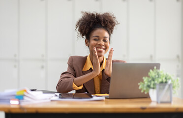 Excited happy Asian or african american woman business woman and laptoop screen in office for joy social media, internet browsing or research online win isolated over a white blur background