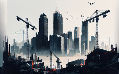 Skyline of a modern city with high rise buildings and cranes, Generative AI