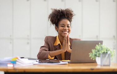Excited happy Asian or african american woman business woman and laptoop screen in office for joy social media, internet browsing or research online win isolated over a white blur background