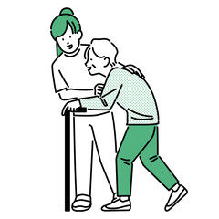 介護イメージ；歩行介助する若い女性介護士と高齢者