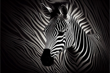 black and white illustration of a zebra in a zebra skin background, generative AI