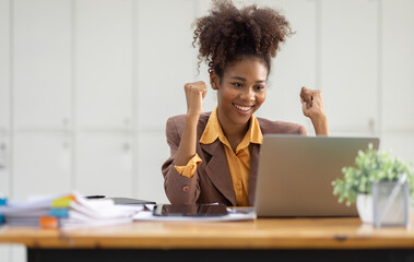 Excited happy Asian or african american woman business woman and laptoop screen in office for joy social media, internet browsing or research online win isolated over a white blur background