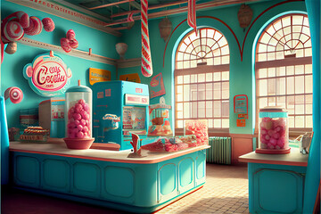 Luxury premium candy shop interior in pastel colors with lots of sweet treats, generative AI