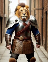 Fototapeta premium Lion Viking Warrior Wearing Armor in Alley Anthromorphic Generative AI illustration