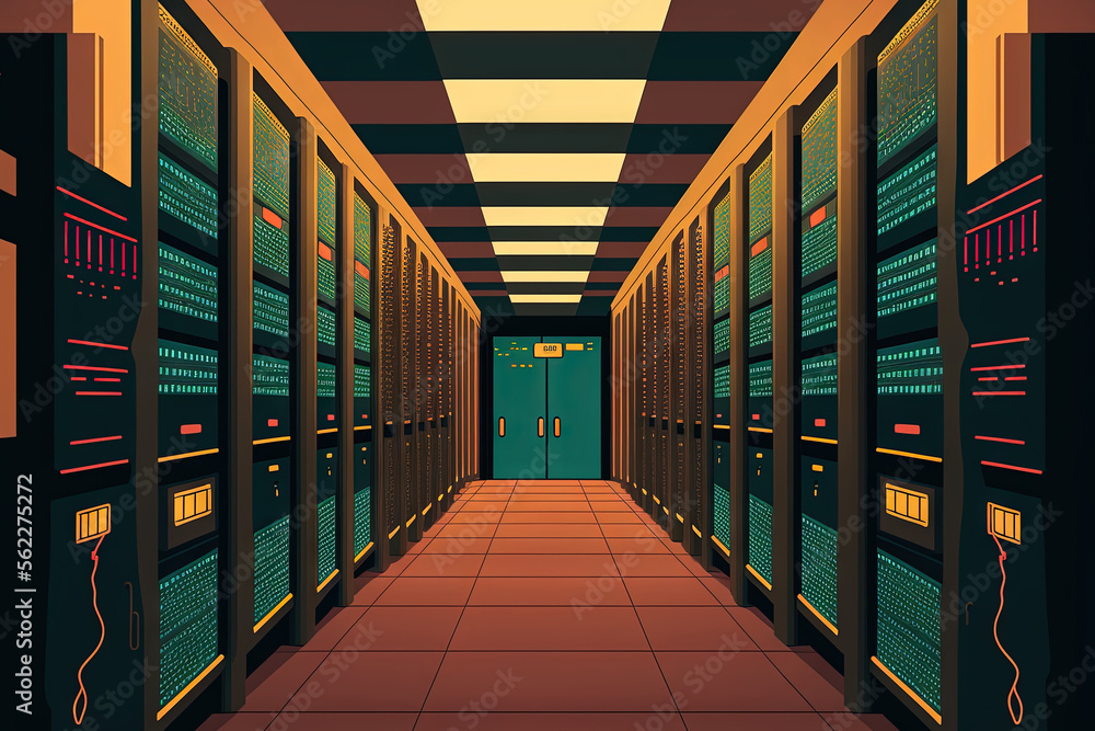 Poster image depicts a corridor in a working data center that is filled with supercomputers and rack server