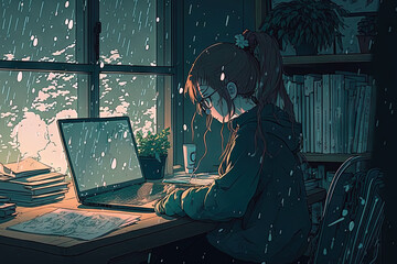 Studying at her desk is Lofi Girl. Beautiful cool, atmospheric wallpaper with rain outside. Background in 4K. hip hop style, lo fi Manga style anime. Generative AI - obrazy, fototapety, plakaty