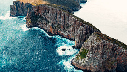 Drone Aerial of Slanted Dolerite Cliffs of Cape Hauy, In Tasman National Park, Tasmania