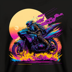 tshirt design, futuristic motocycle rider, bright colors