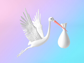 Stork carrying a baby isolated on a pink background. Silhouette stork bird with baby in the bag. 3d render Illustration. The white stork is carrying the baby. Newborn concept, babyhood