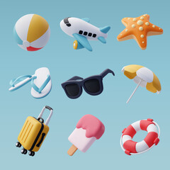 3d vector set of beach and sea, Summer Journey, Time to Travel Concept.