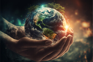 Empowering Unity and Collective Responsibility: The Profound Significance of Hands Holding the World as a Symbol for Achieving a Brighter Future for All (AI Generated) - obrazy, fototapety, plakaty