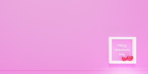 Valentine's Day Background with white frame and cute little pair of red hearts (3D Rendering)