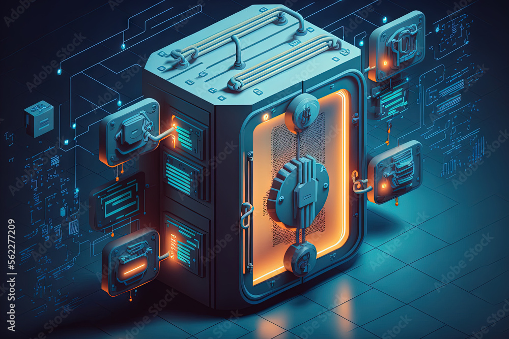 Poster over the server room is a moving shape and padlock image. digitally created representation of a glob