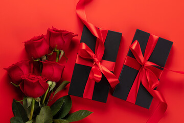 Valentines day card with gift boxes and rose flowers