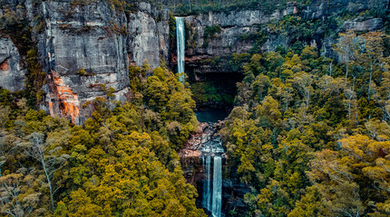 Aerial Drone View of Belmore Falls with Tree in Foreground in Budderoo National Park, Australia 2