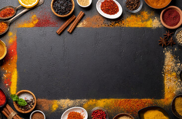 Various spices on stone table
