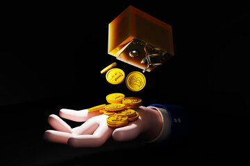 businessman hand holding dollar golden coin in the shadows, cash flow or money transfer concept, business and financial, money, income, investing, operating, financing and profit, successful operation