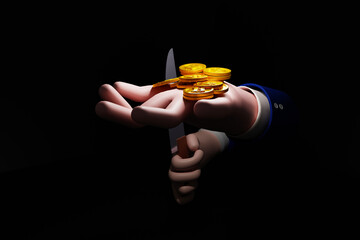 businessman hand holding dollar golden coin in the shadows, business and financial, don't trust anyone, Mistrust and business betrayal 3d render