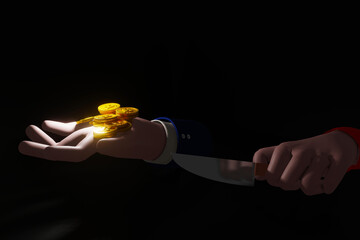 businessman hand holding dollar golden coin in the shadows, business and financial, don't trust anyone, Mistrust and business betrayal 3d render