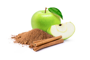 Green apple with cinnamon stick and powder isolated on white background.