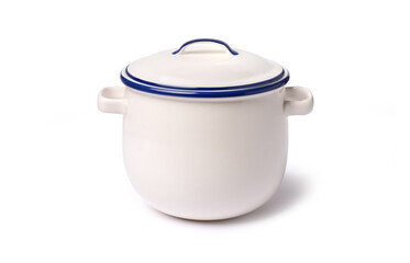 White ceramic cooking pot or sauce pan with lid isolated on white background.